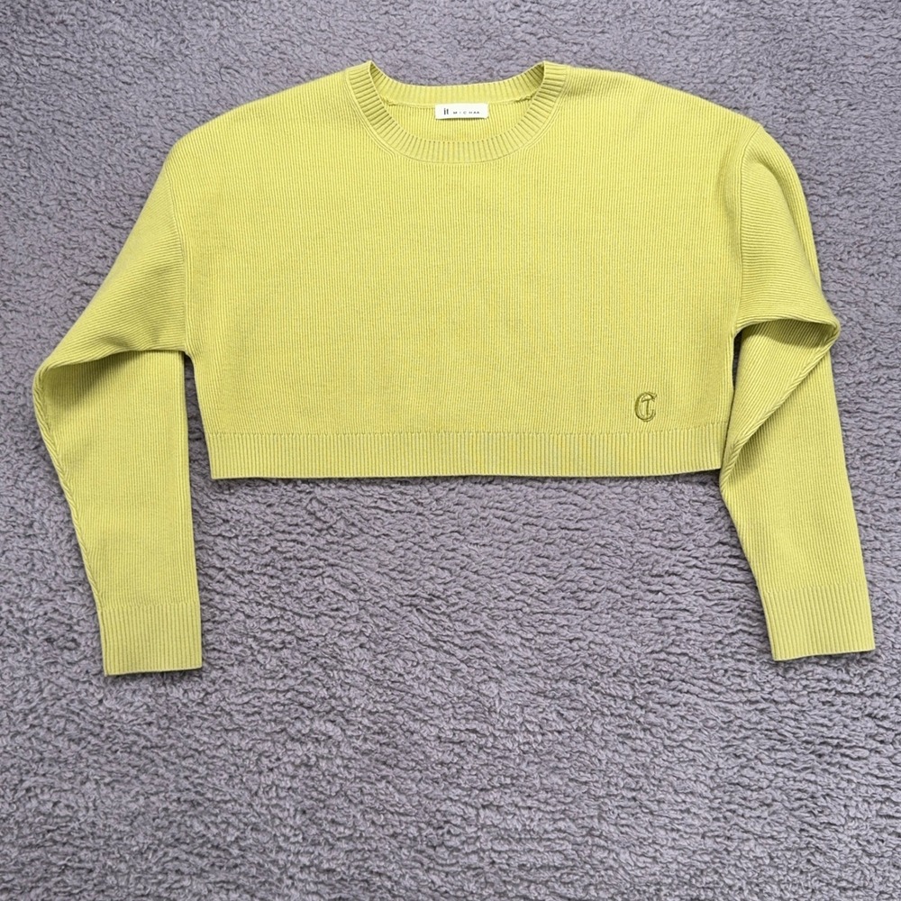 IT‎ MICHAA Cropped Knit Sweater Womens XS S Lime Green Ribbed Korean Designer